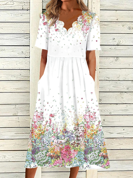 

Women's A Line Dress Midi Dress White Short Sleeve Print Ruched Print Summer V Neck Elegant Modern Dress, Midi