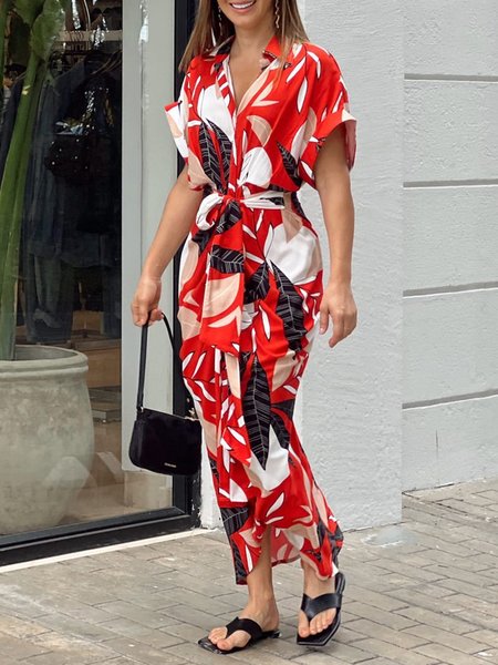 

Simple Knot Front Leaves Short Sleeve Woven Dress, Red, Maxi Dresses