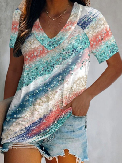 

Casual Ombre V Neck Short Sleeve T-Shirt, Multicolor, T-Shirts
