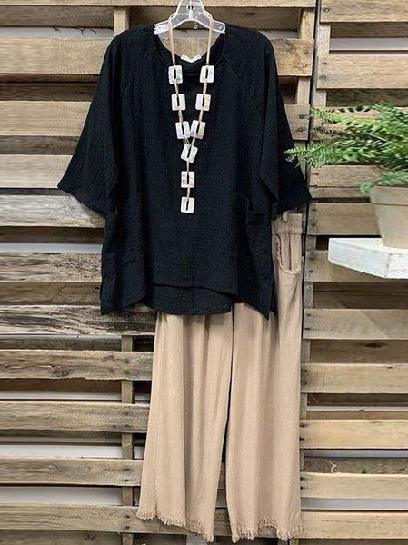 

Solid Color Summer Linen Two-piece Suits, Black, Suit Set