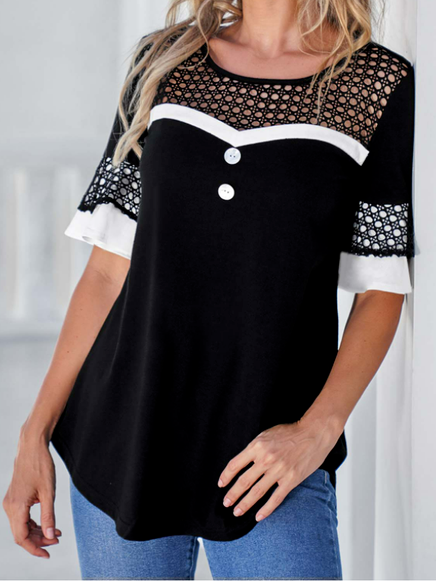 

Crew Neck Short Sleeve Short Sleeve T-Shirt, Black, Shirts & Blouses