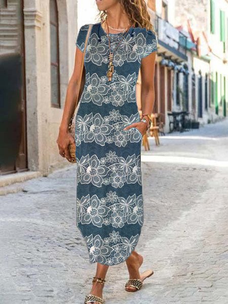 

Crew Neck Casual Floral Short Sleeve Knit Dress, Blue, Dresses