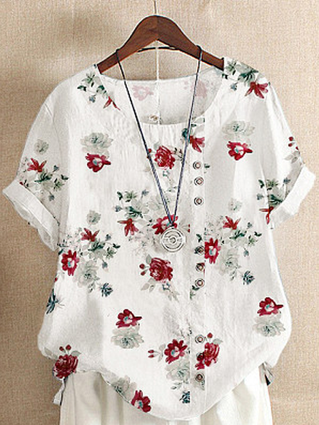 

Summer Print Fashion Slim Fit Short Sleeve Blouse, White, Blouses & Shirts