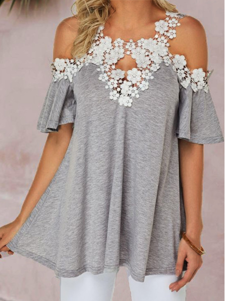 

Solid V Neck Loosen Short Sleeve Tops, Gray, Shirts & Blouses