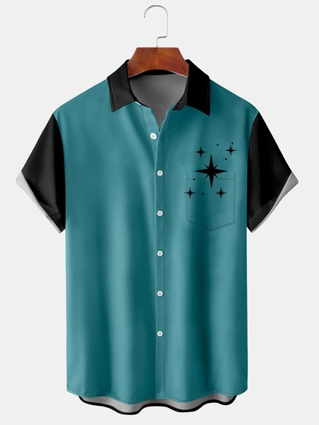 

Mens Retro Stars Print Lapel Loose Chest Pocket Short Sleeve Bowling Shirts, Blue, Men's Floral shirt