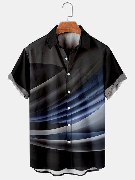 

Casual Style Art Series Gradient 3D Line Element Pattern Lapel Short Sleeve Shirt Print Top, Black, Men's Floral shirt