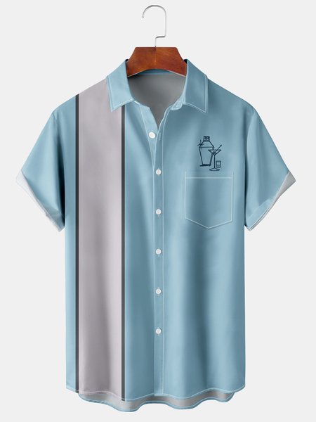

Mens Hawaiian Cocktail Print Front Buttons Soft Breathable Chest Pocket Casual Bowling Shirts, Blue, Men's Floral shirt