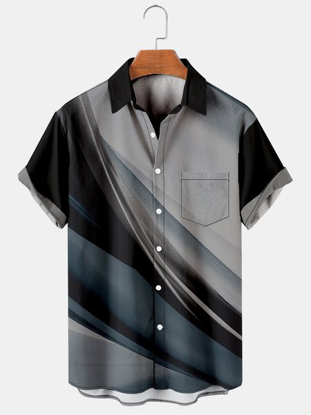 Casual Style Art Series Gradient 3D Line Element Pattern Lapel Short Sleeve Shirt Print Top, Black, Men's Floral shirt