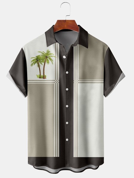 

Mens Retro Coconut Tree Print Lapel Short Sleeve Bowling Shirts, Brown, Men's Floral shirt