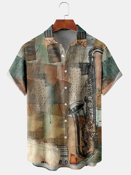 

Mens Retro Saxophone Painting Print Lapel Chest Pocket Short Sleeve Bowling Shirts, Khaki, Men's Floral shirt