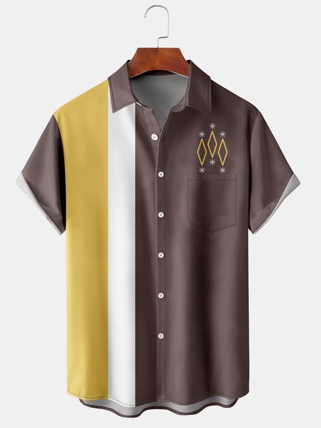 

Mens Retro Geo Print Lapel Loose Chest Pocket Short Sleeve Bowling Shirts, Brown, Men's Floral shirt