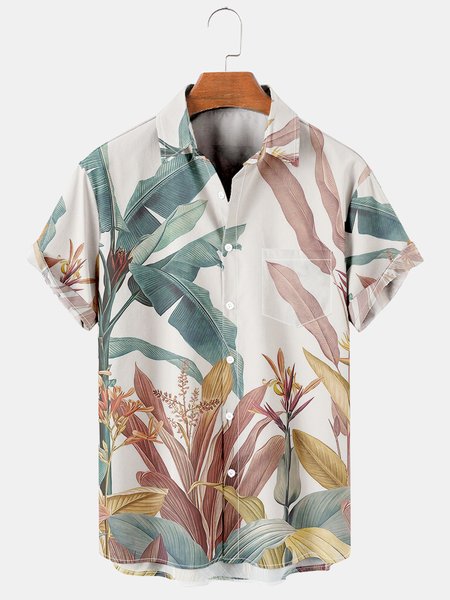 

Holiday Style Hawaiian Series Plant Leaves And Floral Elements Pattern Lapel Short-Sleeved Shirt Print Top, Creme light, Men's Floral shirt