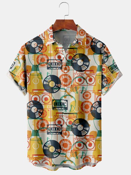 

Mens Music Print Lapel Loose Chest Pocket Short Sleeve Hawaiian Shirts, Yellow, Men's Floral shirt