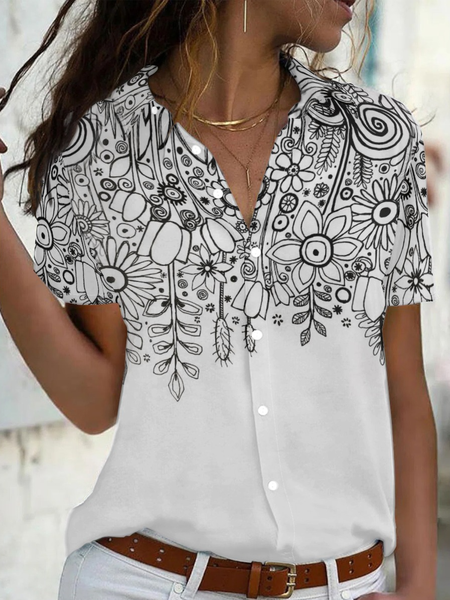 

Women's Casual Simple Floral Print Short Sleeve Shirt, Black-white, Blouses