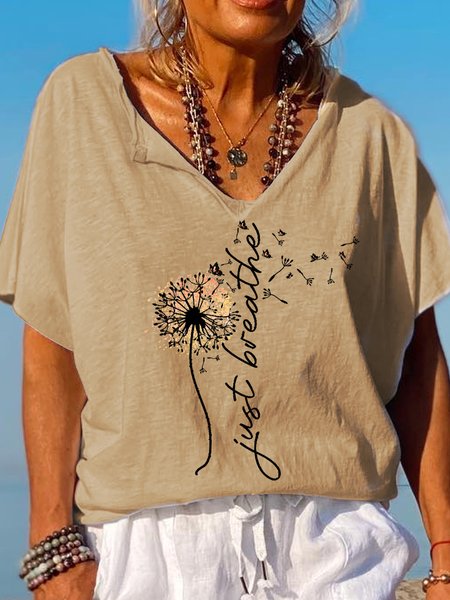 

Womens Just breathe Letter Short Sleeve T-Shirt, Khaki, T-shirts