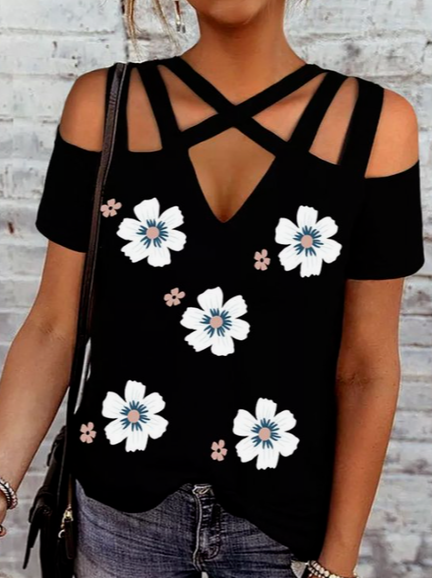 

Floral Loosen Short Sleeve Tops, Black, T-Shirts