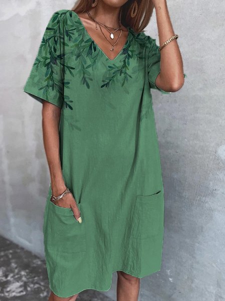 

V Neck Loosen Leaves Short Sleeve Woven Dress, Green, Dresses