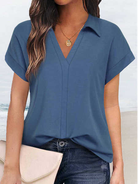 

Plain Vacation V Neck Short Sleeve Tops, Blue, Shirts & Blouses
