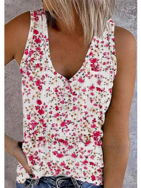 

V Neck Floral Casual Knit, Multicolor, Tanks & Camis
