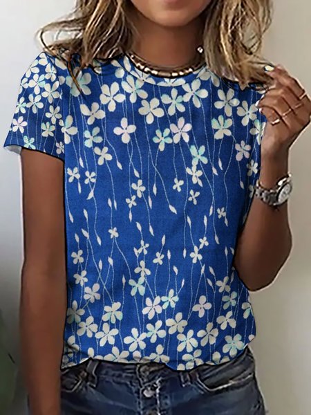 

Casual Simple Floral Print Crew Neck T-Shirt, Blue, T-shirts