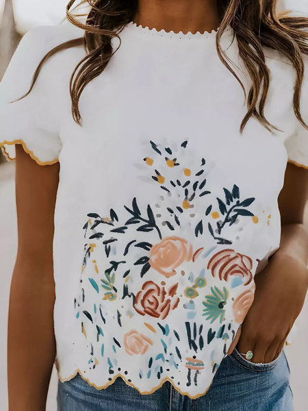 

Crew Neck Casual Short Sleeve Tops, White, Shirts & Blouses