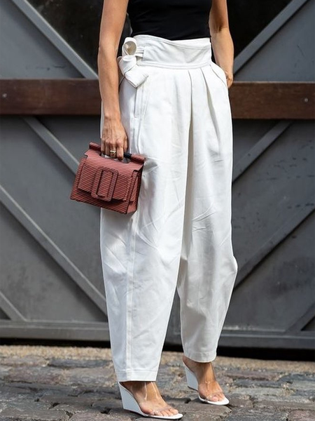 

Simple Daily Regular fit Solid Pants, White, Wide Leg Pants