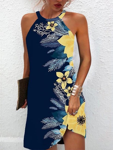 

Halter Floral Casual Sleeveless Knitting Dress, Dark blue, Dresses