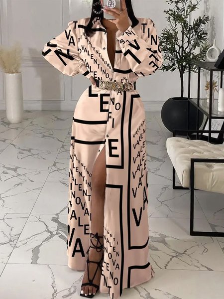 

Casual Shirt Collar Regular Fit Long Sleeve Maxi Dress, As picture, Maxi Dresses