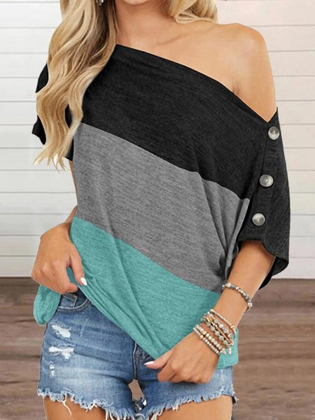 

Boat Neck Simple Regular Fit Short Sleeve Tops, Green, Shirts & Blouses