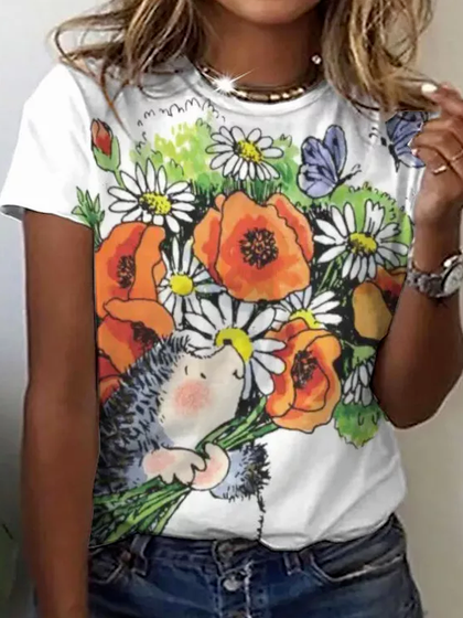 

Loosen Animal Crew Neck Short Sleeve T-Shirt, White, T-Shirts