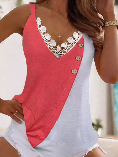

Casual Vacation Color Block Lace V Neck Sleeveless Vest, Pink-white, Tanks & Camis