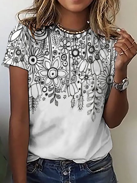 

Casual Simple Floral Print Crew Neck T-Shirt, Black-white, T-shirts