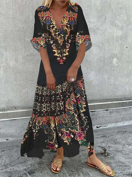 

Tribal Casual Short Sleeve V neck Dress, Black, Dresses