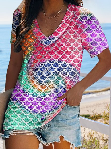 

Mermaid Scale Rainbow Print V-Neck Short Sleeve T-Shirt, Multicolor, T-Shirts