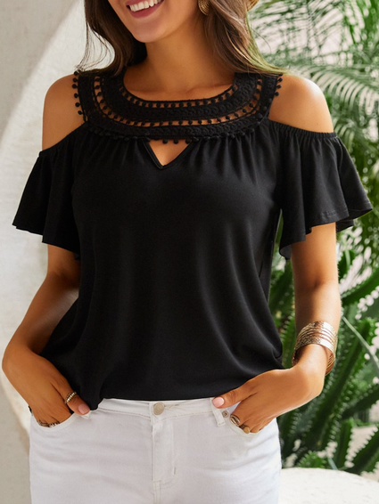 

Crew Neck Loosen Solid Short Sleeve Tops, Black, T-Shirts