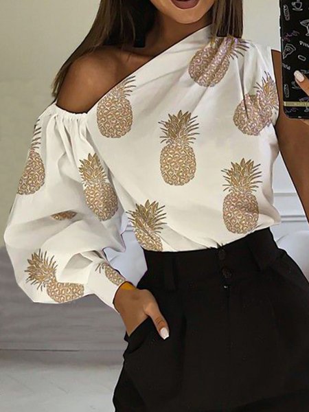 

Simple Fruit&Vegetable One Shoulder Long Sleeve Tops, White, Tops