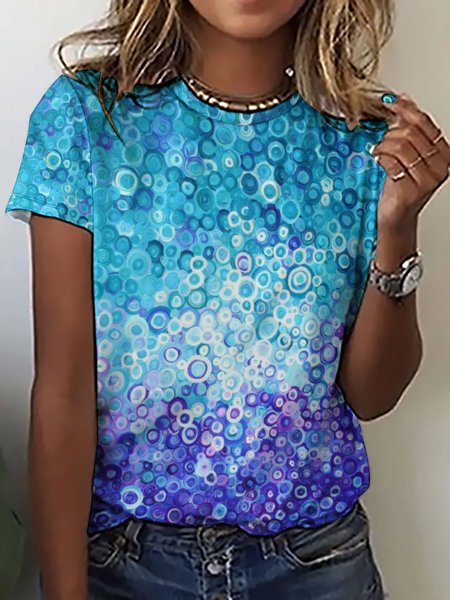 

Art Flowers Loosen Casual Short Sleeve T-Shirt, Blue, T-shirts