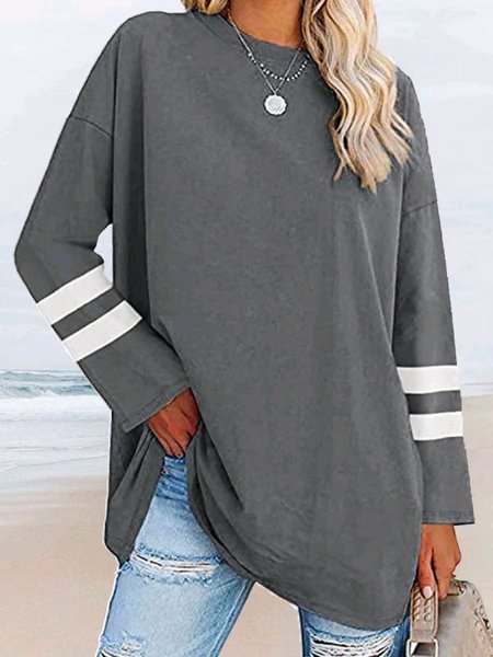

Geometric Cotton Crew Neck Top, Gray, T-Shirts