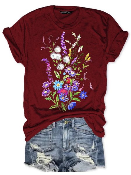 

Womens Flower Print Casual Short Sleeve T-Shirt, Wine red, T-shirts