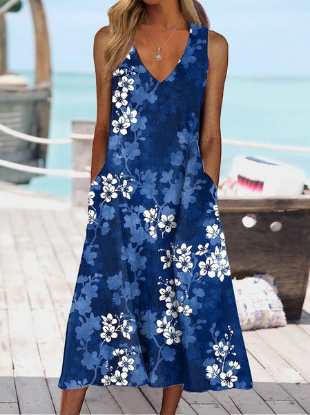 

Vacation V neck Regular Fit Floral Dress, Dark blue, Dresses