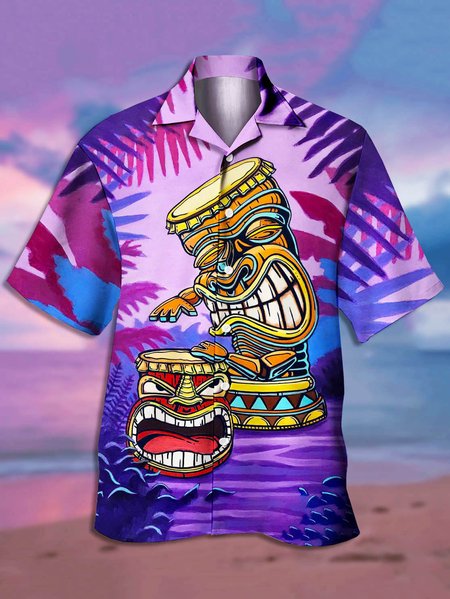 

Men's TIKI Print Casual Short Sleeve Hawaiian Shirt, Purple, Men's Floral shirt