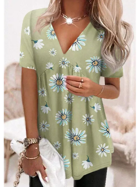 

Floral V Neck Jersey Short Sleeve Tops, Multicolor, Shirts & Blouses