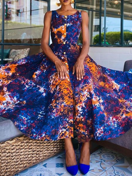 

Elegant Printed Crew Neck Buttoned Sleeveless Dress, As picture, Maxi Dresses