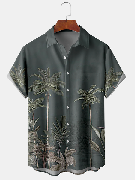 

Men's Coconut Tree Floral Print Casual Fabric Fashion Pocket Hawaiian Lapel Short Sleeve Shirt, Army green, Men's Floral shirt