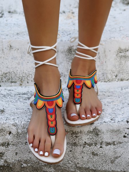 

JFN Boho-Mexican Ethnic Contrast Beaded Ankle Lace-Up Thong Sandals, White, Sandals