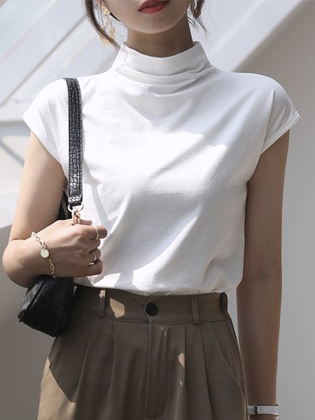 

Daily Plain Simple Stand Collar Short Sleeve T-Shirt, White, Tees