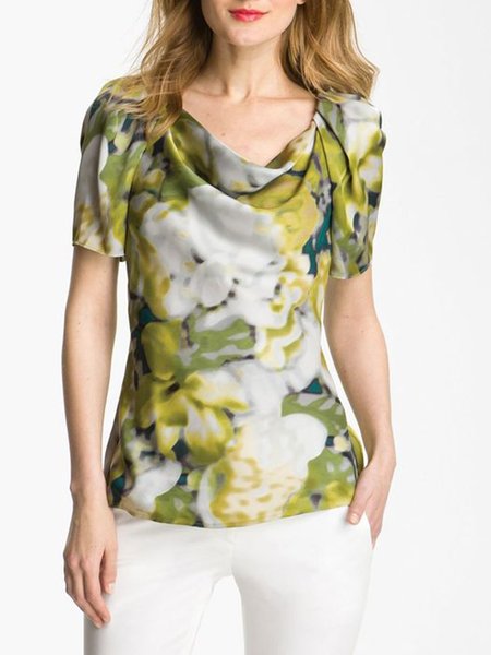 

Printed Elegant Cowl Neck Short Sleeve Top, Green, Tops
