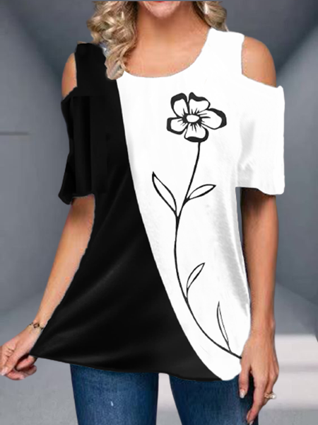 

Color Block Regular Fit Vacation Short Sleeve Tops, Black-white, T-Shirts