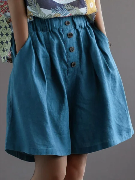 

Plain Buttoned Cotton Shorts, Denim blue, Shorts