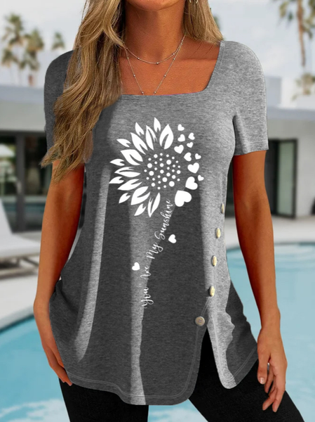 

Casual Sunflower Square Neck Regular Fit Short Sleeve T-Shirt, Gray, T-Shirts